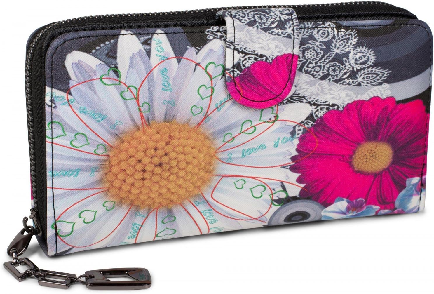 styleBREAKER Ladies Wallet with Colourful Floral Mandala Pattern, Ethno Style, Zip, Purse 02040040, Colour:Black-White-Pink