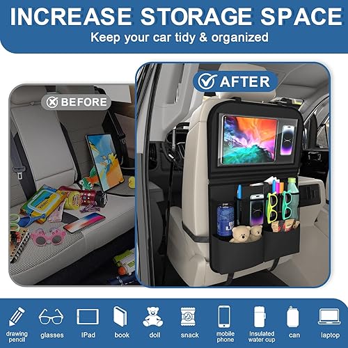 Miniatura 3 de Paquete de 2 organizadores para asiento trasero de automóvil con bandeja, almacenamiento de automóvil de 11 bolsillos con soporte para tableta y