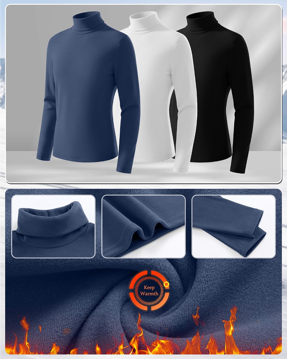 3 Pack Boys Thermal Fleece Turtleneck Shirts 5-14Y