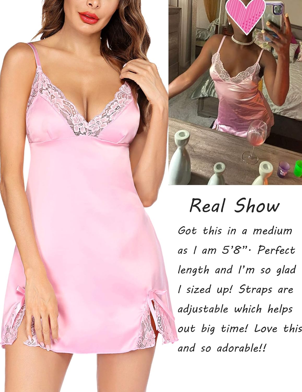ADOME Lingerie for Women Lace Chemise Nightgown Satin Babydoll Dress Silk Slip Nightwear S-XXL - Image 3