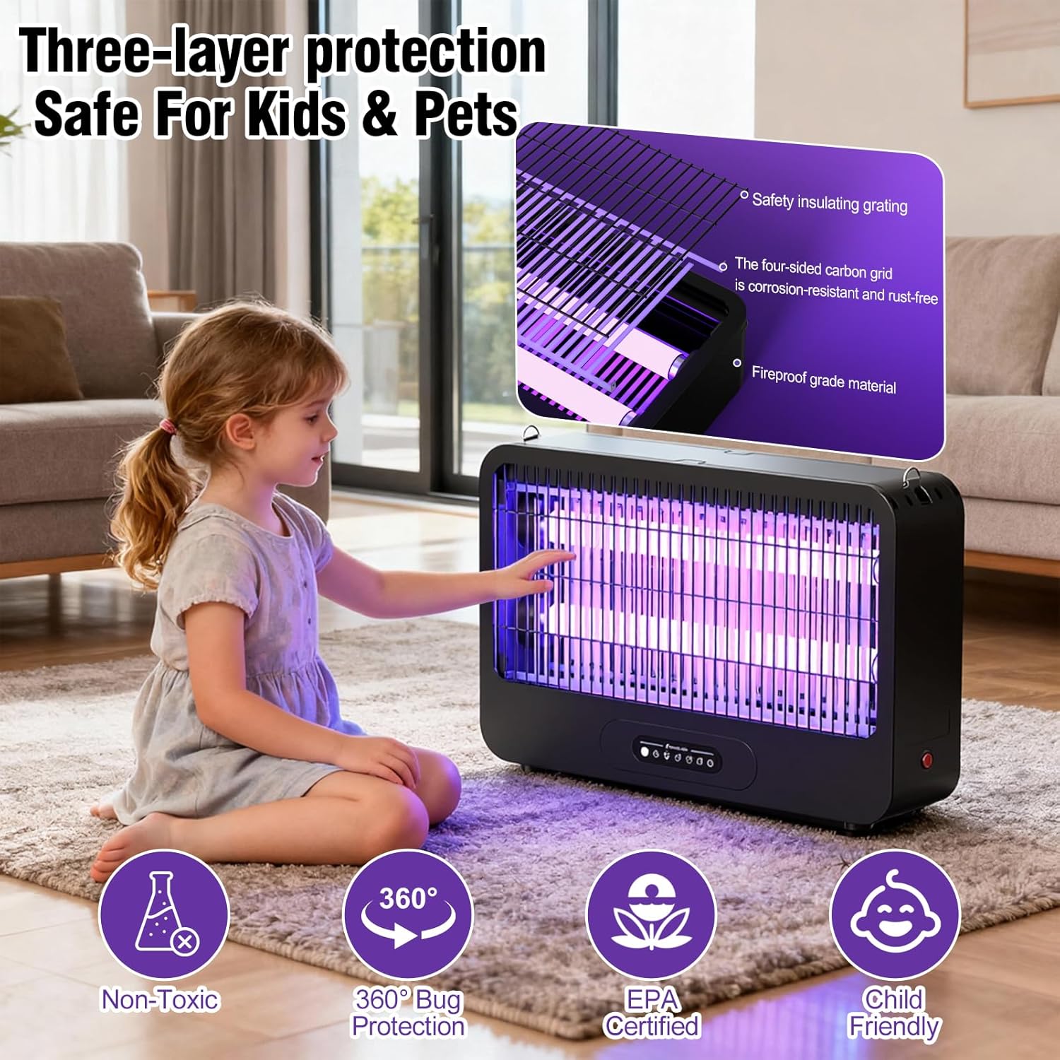 Electric Bug Zapper Indoor, Mosquito Zapper with 3500V Powerful Dual Grid & Remote, Fly Zapper Fly Trap Insect Killer for Patio Yard Home Kitchen Camping - Including 2 Replacement Bulbs (Black)