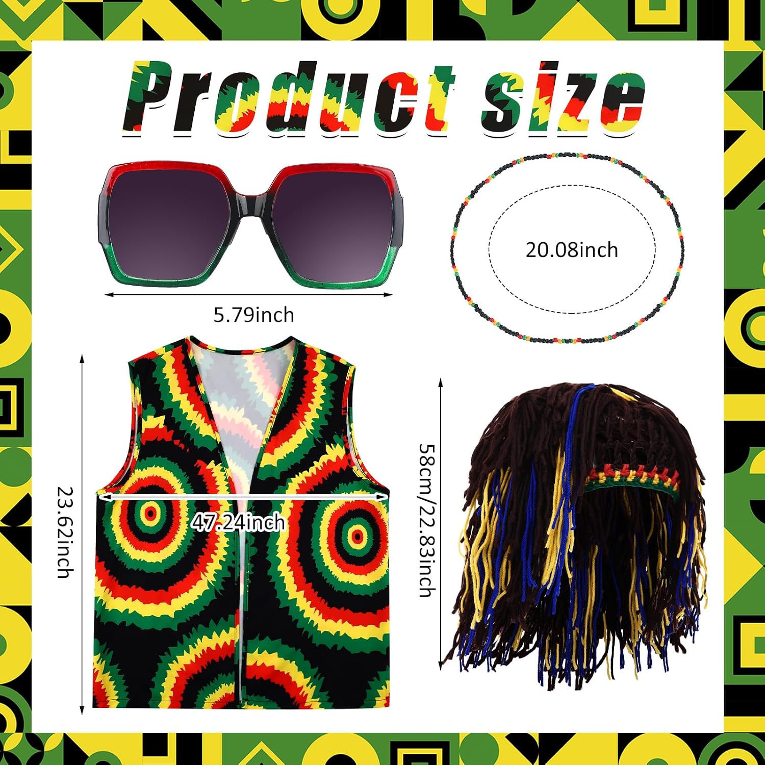 Cindeer 4 Pcs Jamaican Costume Accessories Set Includes Rasta Hat with Black Dreadlocks Wig Jamaican Vest Sunglasses Necklace