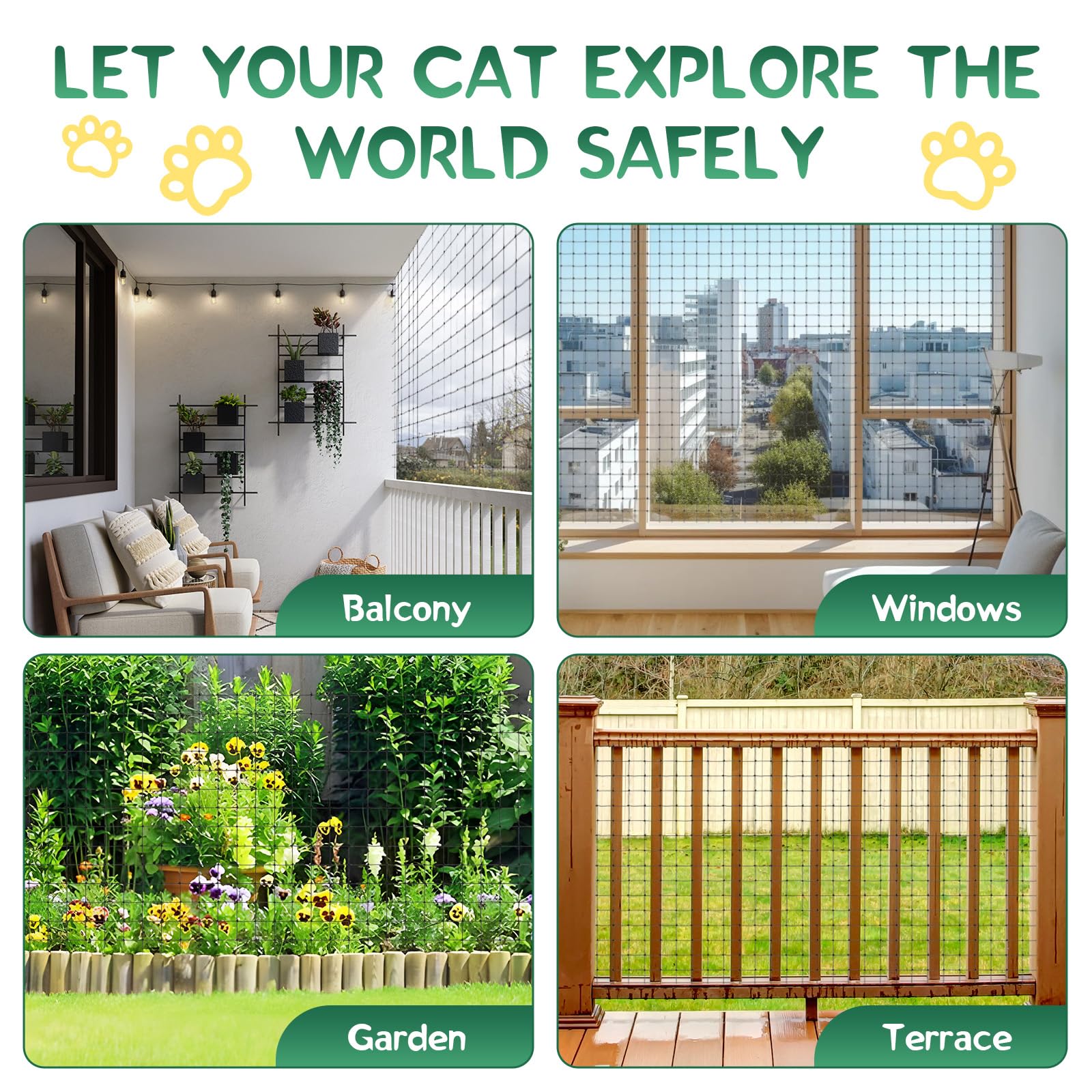 3x4m Rete Balcone per Gatti, Rete per Gatti Rinforzata con Filo Metallico, Rete per Gatti per Balconi, Finestre, con 4 Colorati Giocattoli Primaverili per Gatti
