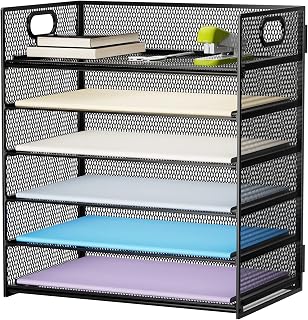 Marbrasse 6-Tier Mesh Desk Organizer Letter Tray with Handle - Black File Sorter for Office, Home & School Papers