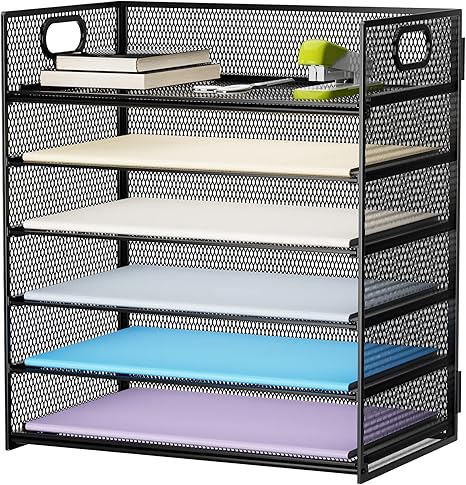 Marbrasse 6 Tier Paper Organizer Letter Tray - Mesh Desk File Organizer with Handle, Paper Sorter Organizer for Letter/A4 Office File Folder Holder - Black