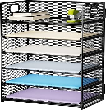 Marbrasse 6 Tier Paper Organizer Letter Tray - Mesh Desk File Organizer with Handle, Paper Sorter Organizer for Letter/A4 Office File Folder Holder - Black