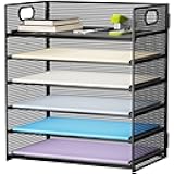 6 Tier Paper Organizer Letter Tray - Mesh Desk File Organizer with Handle, Paper Sorter Organizer for Letter/A4 Office File Folder Holder - Black