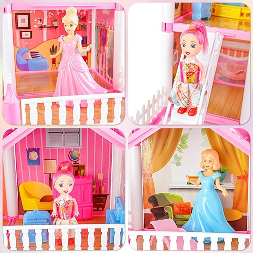 Miniatura 6 de deAO Casa de muñecas de 4 pisos para niñas con 14 habitaciones, juego de casa de muñecas con 4 muñecas, muebles y accesorios, casa de muñecas de