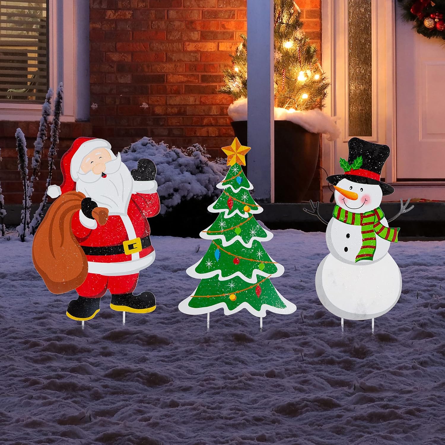 Glitzhome Metal Christmas Santa Snowman Tree Stake 3 Pack Outdoor Yard Holiday Décor, 24" H, Multicolor