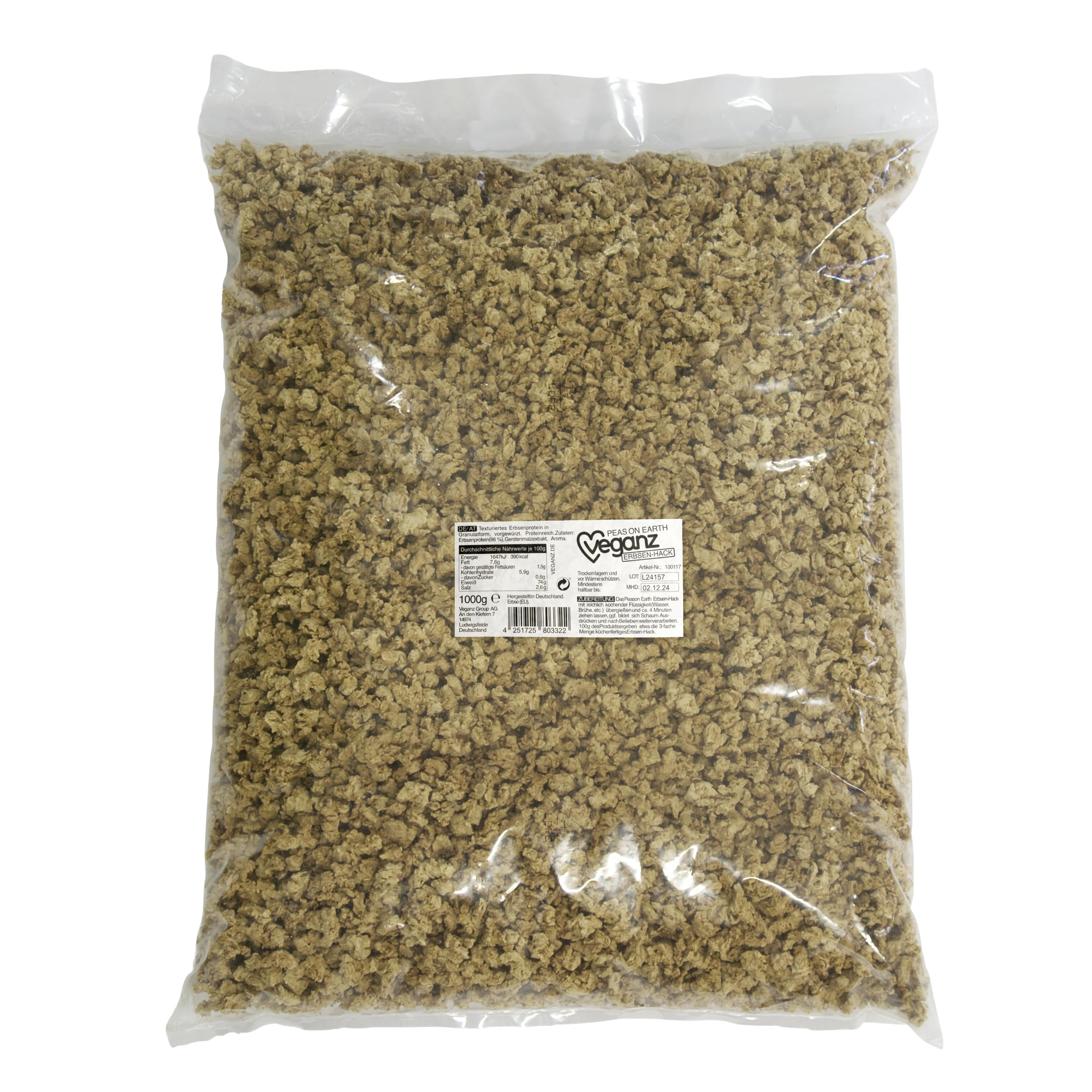 Veganz Erbsen-Hack 1000g | Erbsen Granulat 1 kg | ergibt 3-fache Menge | Vegane Fleischalternative aus Erbsenprotein | Hoher Proteingehalt | Ohne Soja | für Bolognese