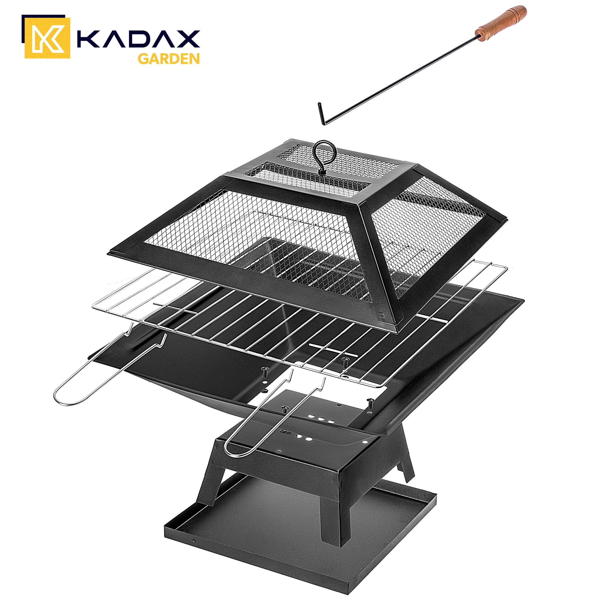 KADAX Feuerschale aus Stahl, 46 x 36 cm, Feuerkorb mit Funkenschutz, Schürhaken und Grillrost, Outdoor Feuerstelle für Garten und Terrasse (Schwarz)