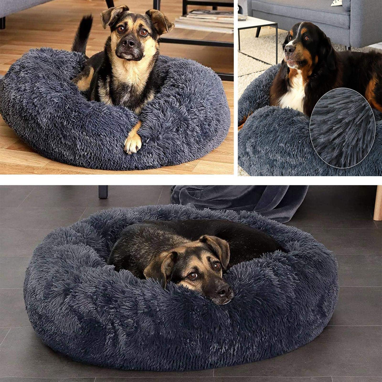 Coussin Chien Anti Stress XXXL,Lit Moelleux Rond pour Chien XL,Panier pour Chien Moyen Taille,Puppy Love Panier Chien Orthopedique,Tapis Chien XXL Grande Taille Lavable Apaisant Gris foncé