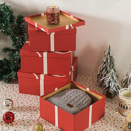 Miniatura 4 de Soul & Lane Cajas decorativas cuadradas de Navidad con tapas, juego de 4 unidades, color rojo festivo, cajas de regalo reutilizables grandes para
