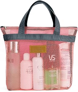 TOPASION Mesh Shower Caddy Bag Portable Hanging Toiletry and Bath Organizer with Zipper for Travel, Gym, Camping, College Dorms, Beach (Pink)