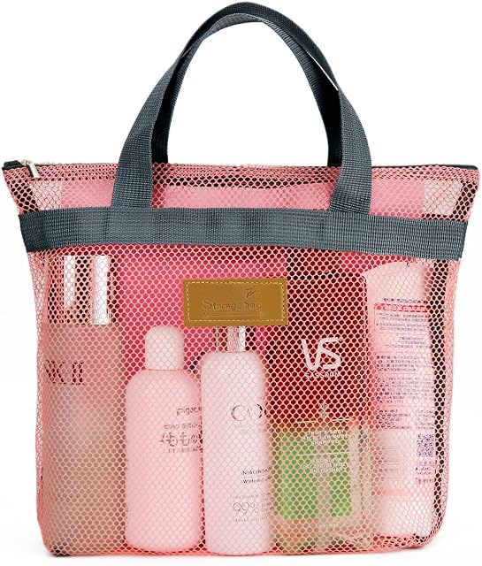 TOPASION Mesh douche Caddy Bag Portable suspendu Toilettes et bain Organisateur avec fermeture à glissière pour le voyage, Gym, Camping, College Dorms, Plage (Pink)