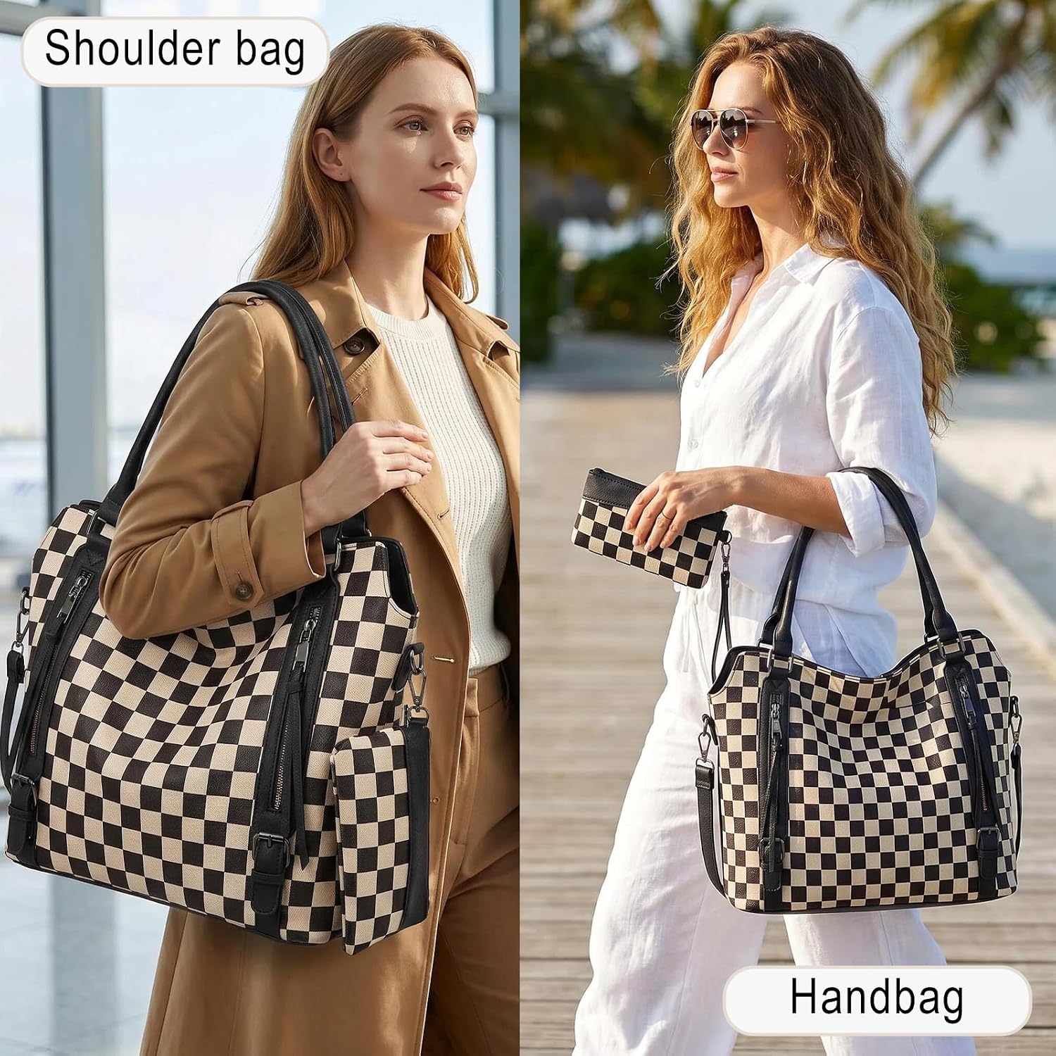 Bycobecy Large Hobo Bags for Women Checkered Leather Shoulder Tote Bag Ladies Crossbody Handbag with a Wristless Purses