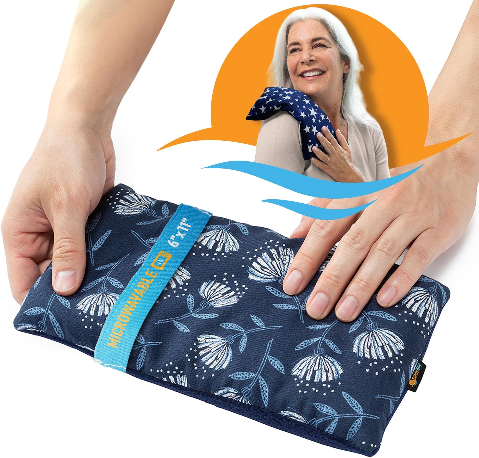 SunnyBay Small Microwave Heating Pad, Microwavable Versatile Cold/Heated Neck and Shoulder Wrap for Back Pain, Moist Heat Organic Cotton Fleece Pad with Flax Seed Filling, 6x11 Inches, Blue-Dandelion