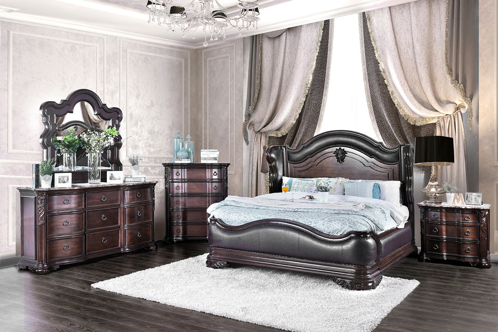 Arcturus Collection Traditional Luxurious Wingback Design Leatherette Eastern King Size Bed Genuine Marble Top Dresser Nightstand Mirror 4pc Set Brown Cherry Finish