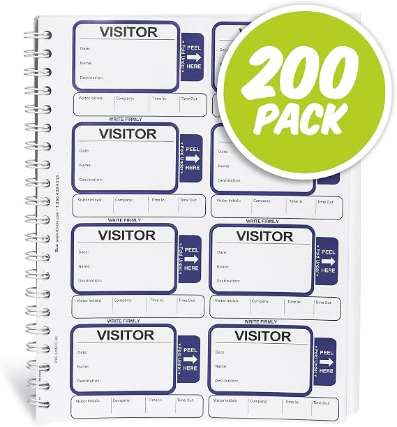 Visitor Log Book, Spiral-Bound Self Expiring Visitor Badges, Guest Register Book, Carbon Copy - 200 Badges