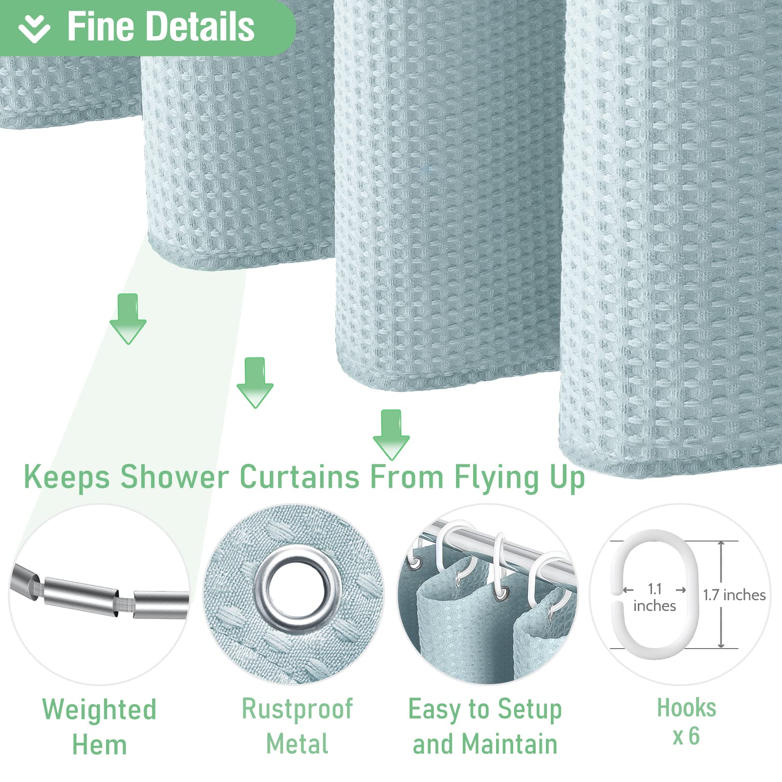 Dynamene Rideau de douche en tissu gaufré très résistant pour salle de bain, hôtel et spa - 91,4 x 183 cm - Avec 6 crochets en plastique - Bleu brouillard