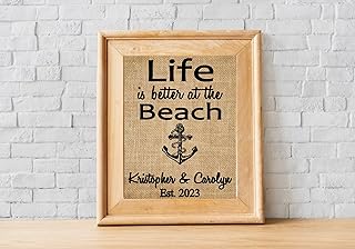 "Life is better at the Beach" Burlap wall decor, Beach House decor, Beach house Anchor sign print, Beach Art - House warming gift- 1M (Frame and Matte not Included)