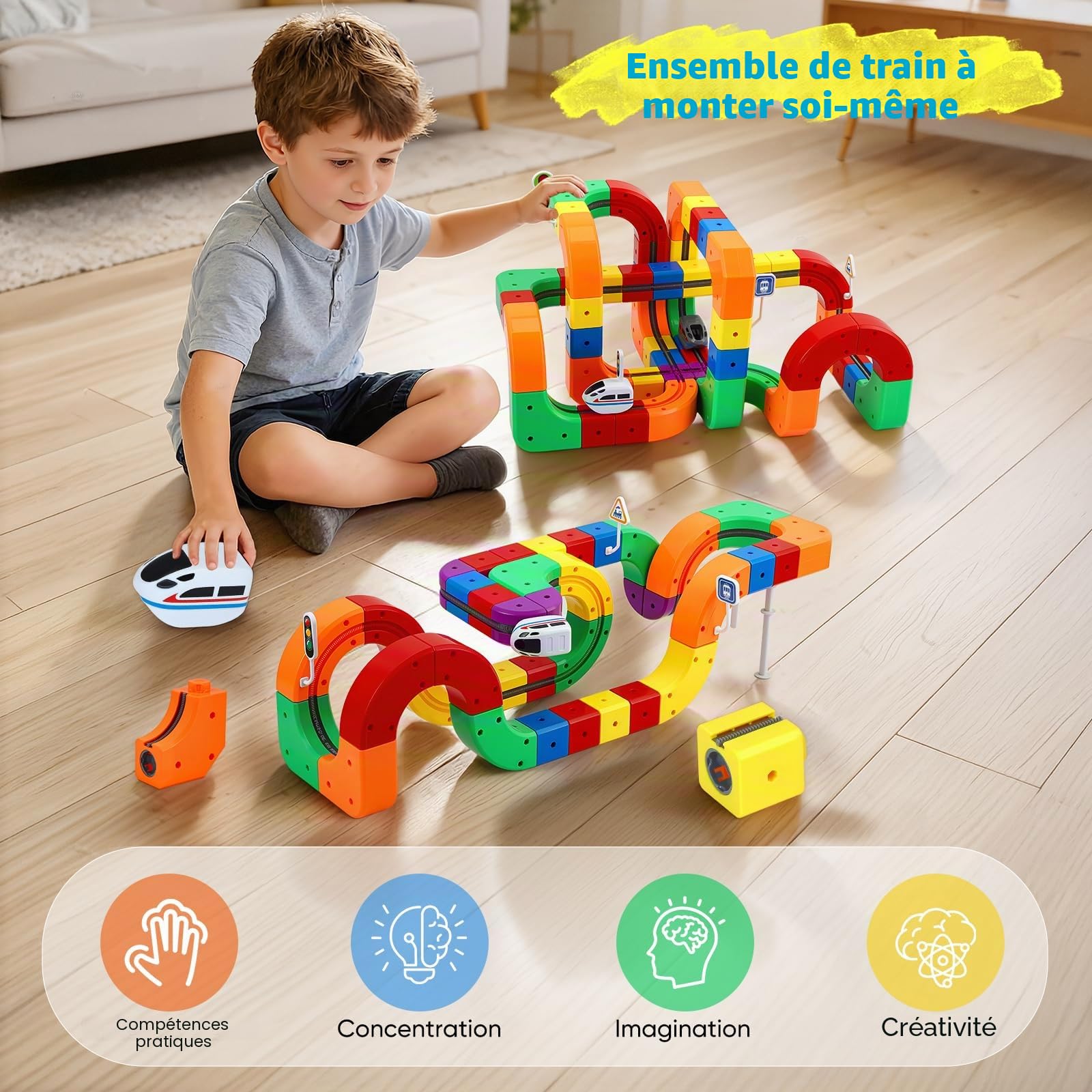 51 pièces Ensemble de Train Cube Magique, Ensemble de Train électrique, mises en Page 3D intégrées, Piste de Course Flexible, Jouet de Construction de Voiture motorisé défiant la gravité