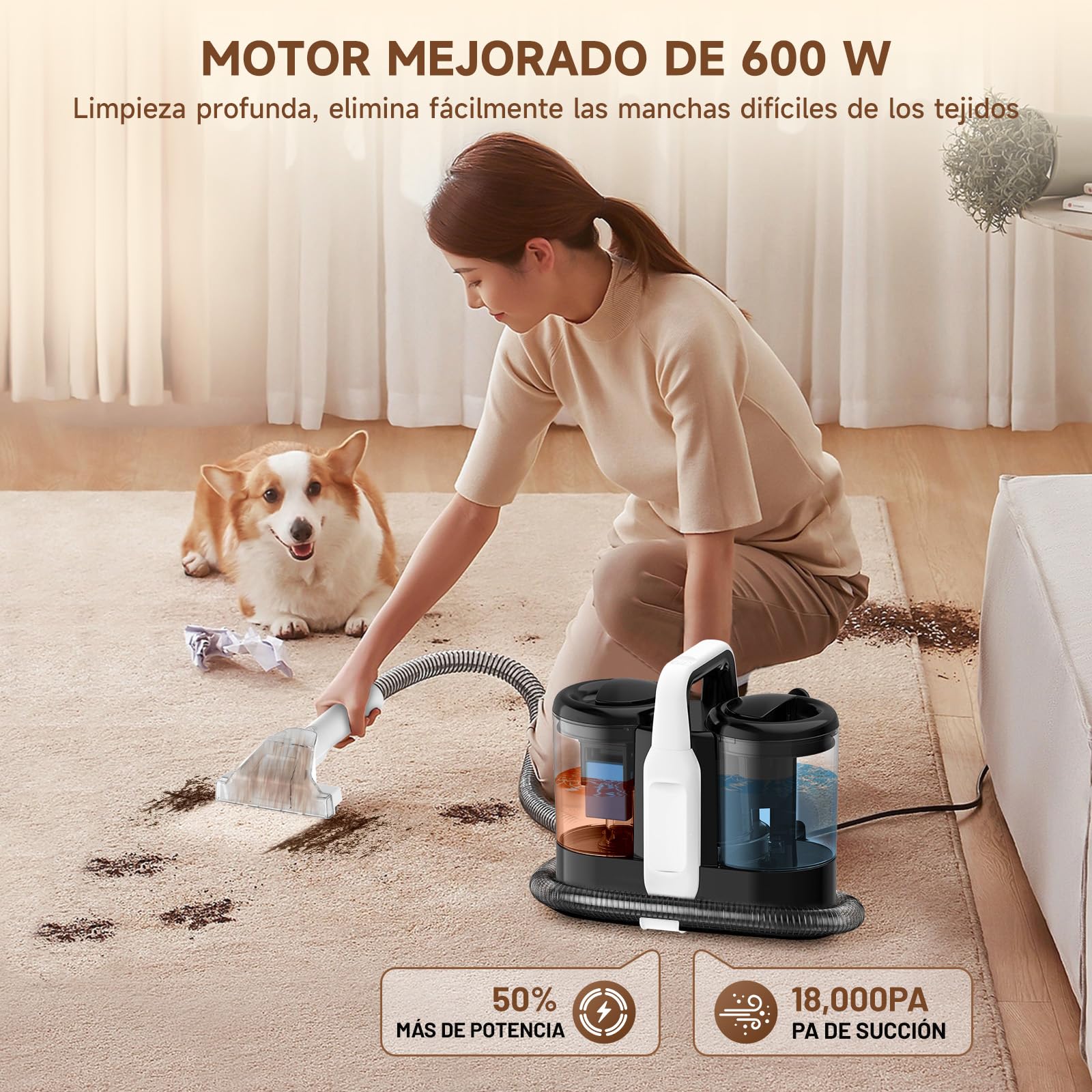 Dispositivo limpiador de tapicería con aspirador en húmedo, 18 Kpa Pro Power, limpiador de alfombras con detergente, 600 W, aspiradora en húmedo, para alfombras, sofás, tapicería, escaleras