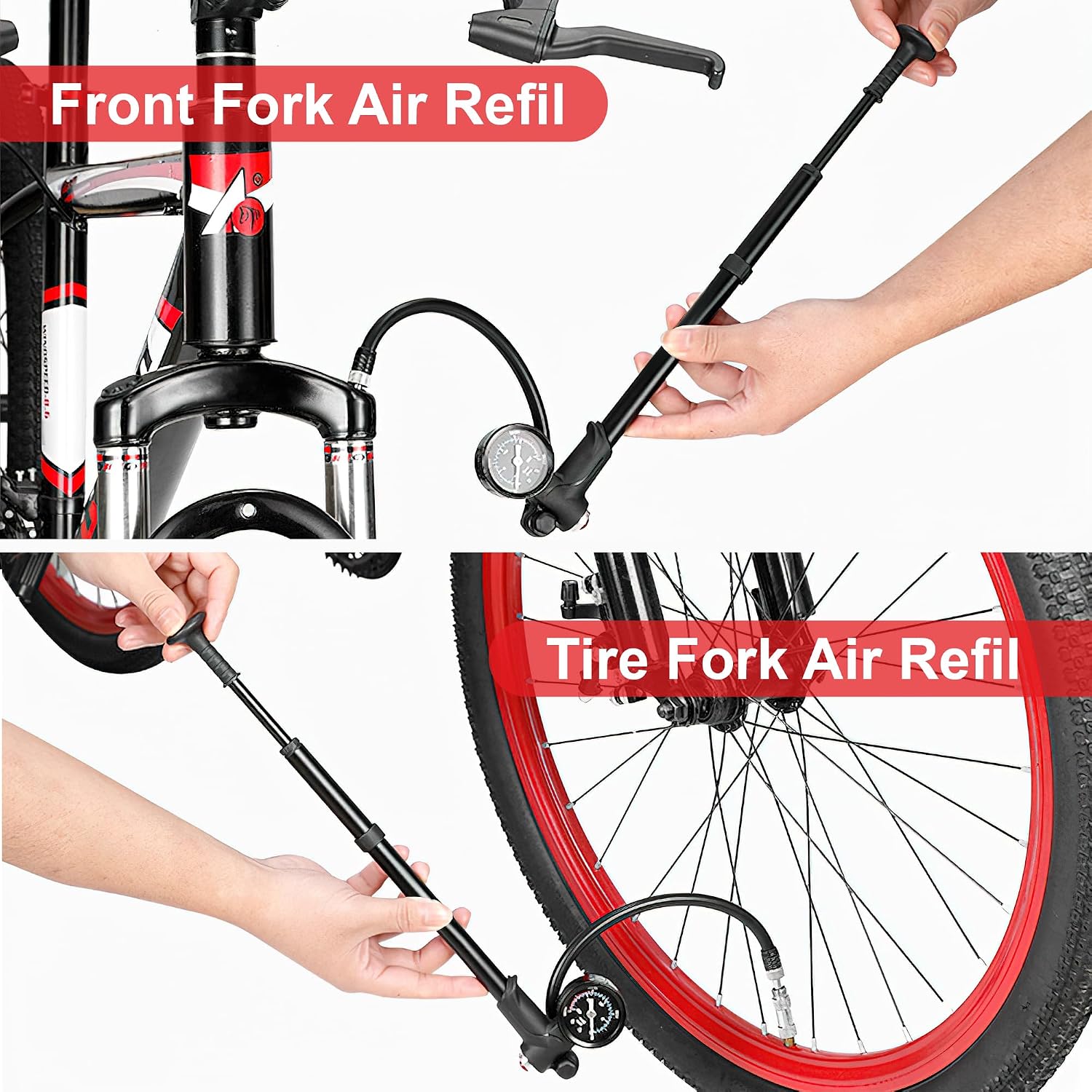 Mountain Bike Shock Pump, 300 Psi High Pressure Portable Bicycle Pump for Front Fork Rear Suspension, Mini MTB Frame Pump with Gauge Air Bleed Button Fits Presta & Schrader Valves (Black)