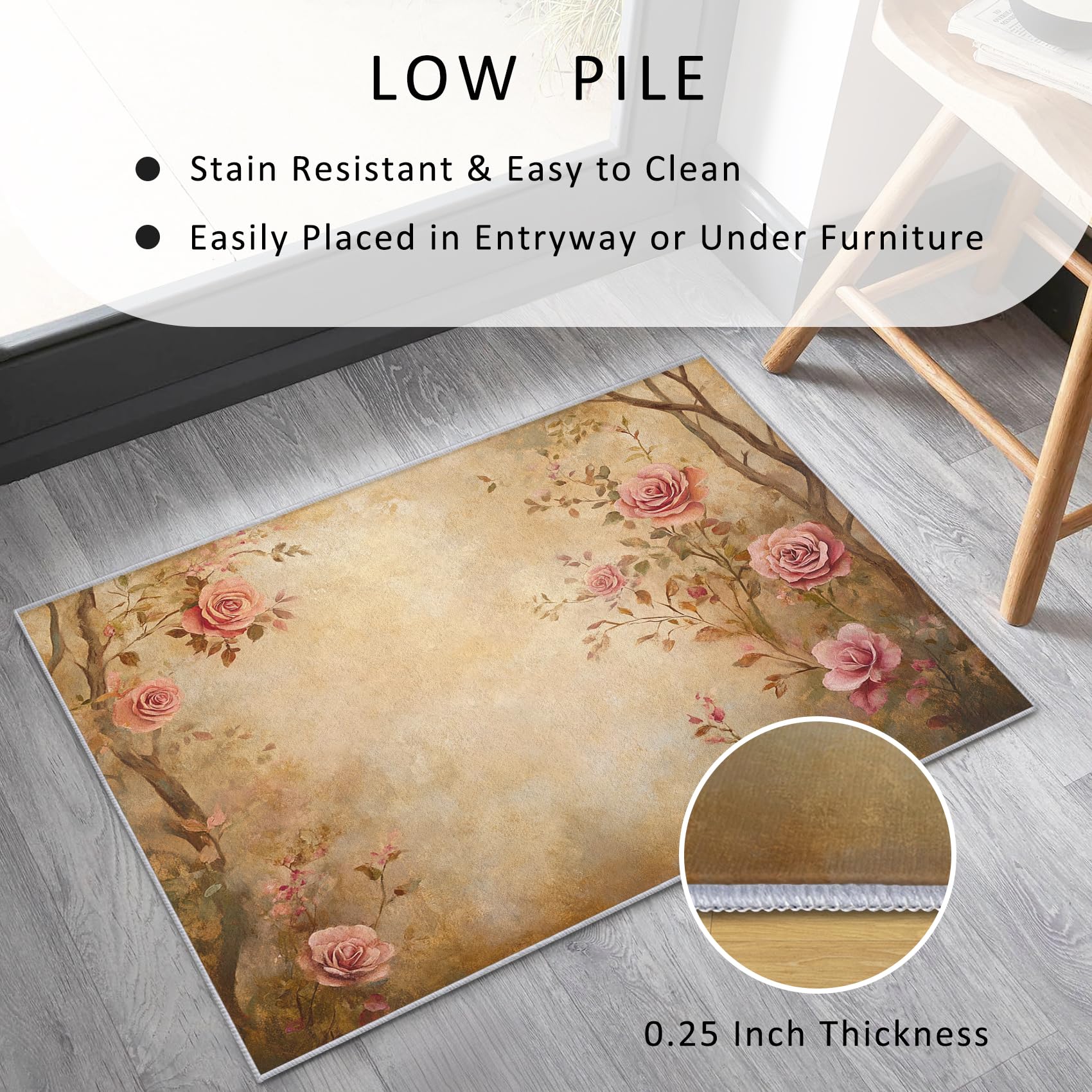 Generisch Teppich Klein Rosa Rosen Blumen 60x90 Deko Schlafzimmer, Vintage Floral Muster Teppich für Küche & Eingangsbereich, Weicher, Waschbar & rutschfest Innen Fußmatte AV213
