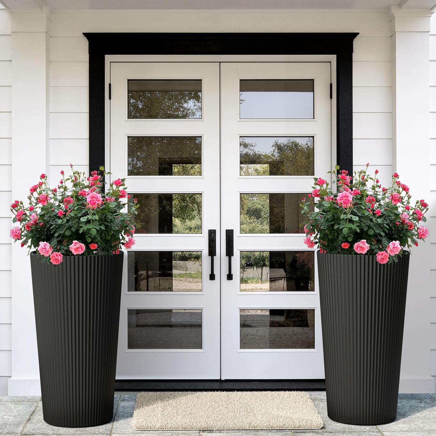23.6" Black Outdoor Planter Set of 2, Tall Planters for Outdoor Plants with Drainage Hole, Large Flower Pots for Indoor Plants, Front Porch Decor/Patio, Plastic Striped