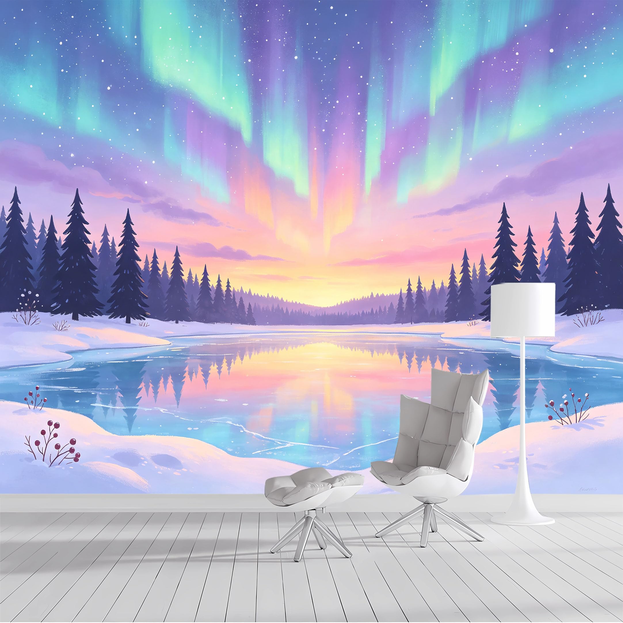 Custom Size Wall Mural Northern Lights Snowy Forest Lake SelfAdhesive Wall Fabric Removable Peel and Stick Wallpaper Wall Decor for Living Room Bedroom Bathroom