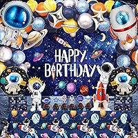 Vista 1 de Outer Space Theme Birthday Party Decorations - Galaxy Party Supplies : Happy Birthday Backdrop, Tablecloth, Rocket ，Astronaut Balloons and