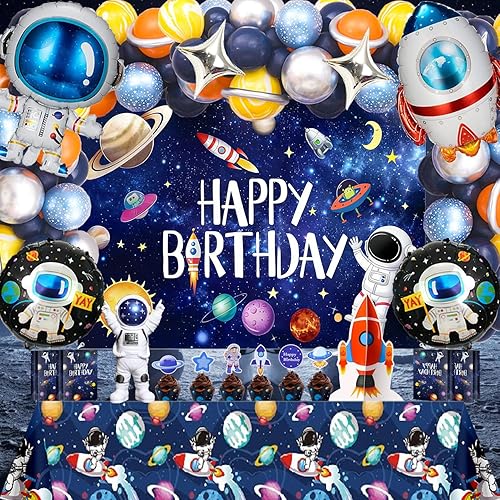 Outer Space Theme Birthday Party Decorations - Galaxy Party Supplies : Happy Birthday Backdrop, Tablecloth, Rocket ，Astronaut Balloons and