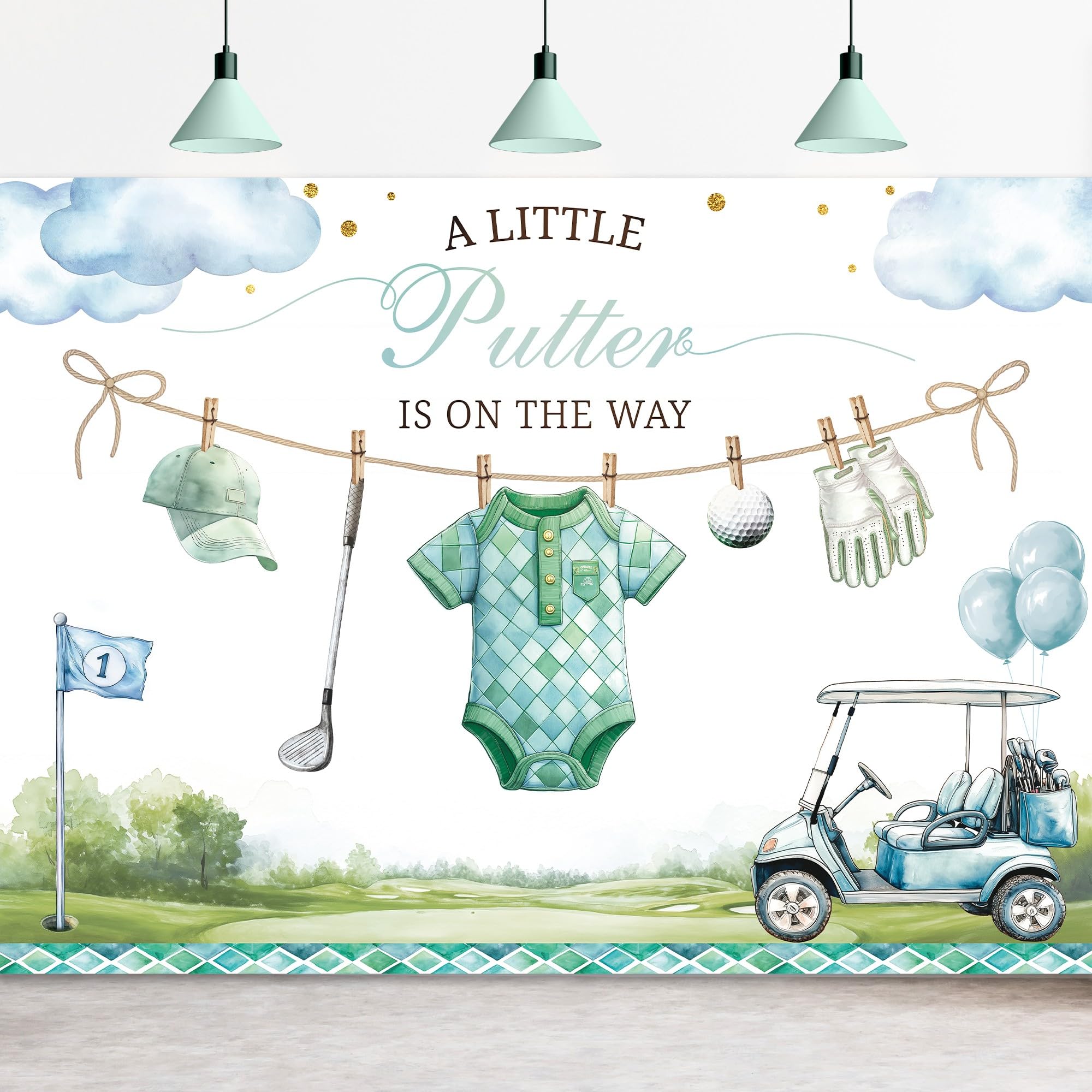 Omifly Golf Baby Shower 7Wx5H Backdrop for Photography A Little Putter is on the Way Green Oh Baby Boy Boys Sports Newborn Background Party