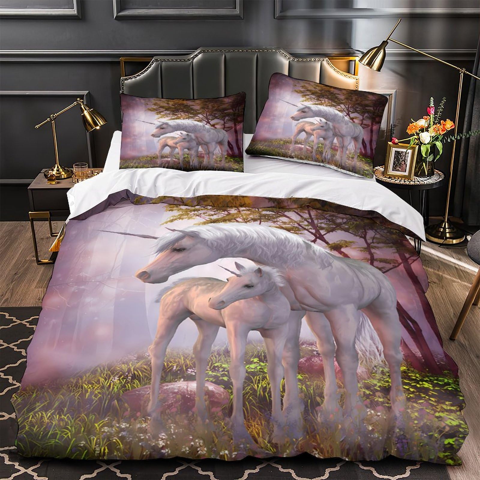 Parure de lit licorne 140x200 avec housse de couette microfibre pour lit simple