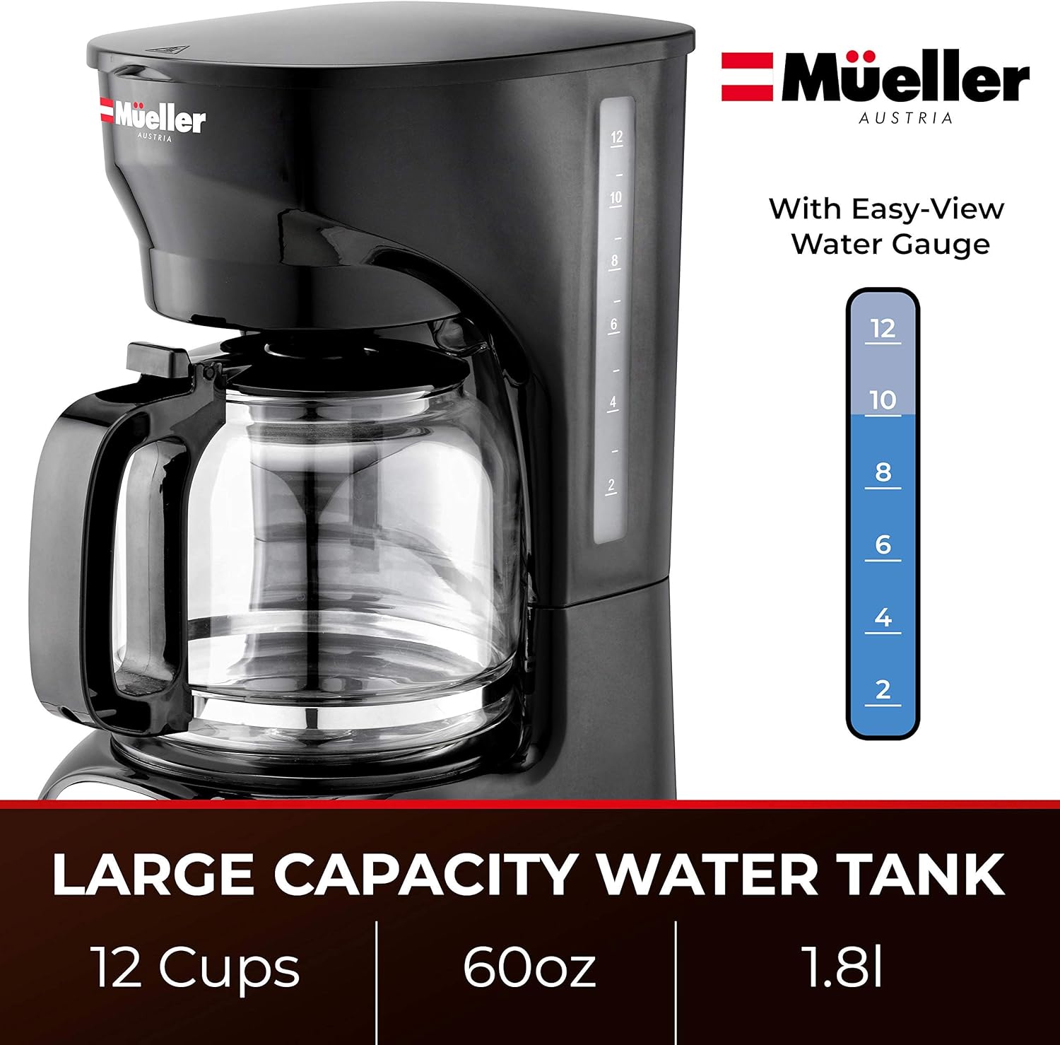 Mueller 12-Cup Drip Coffee Maker, Auto Keep Warm Function, Smart Anti-Drip System, with Durable Permanent Filter and  Borosilicate Glass Carafe, Clear Water Level Window Coffee Machine: Home & Kitchen