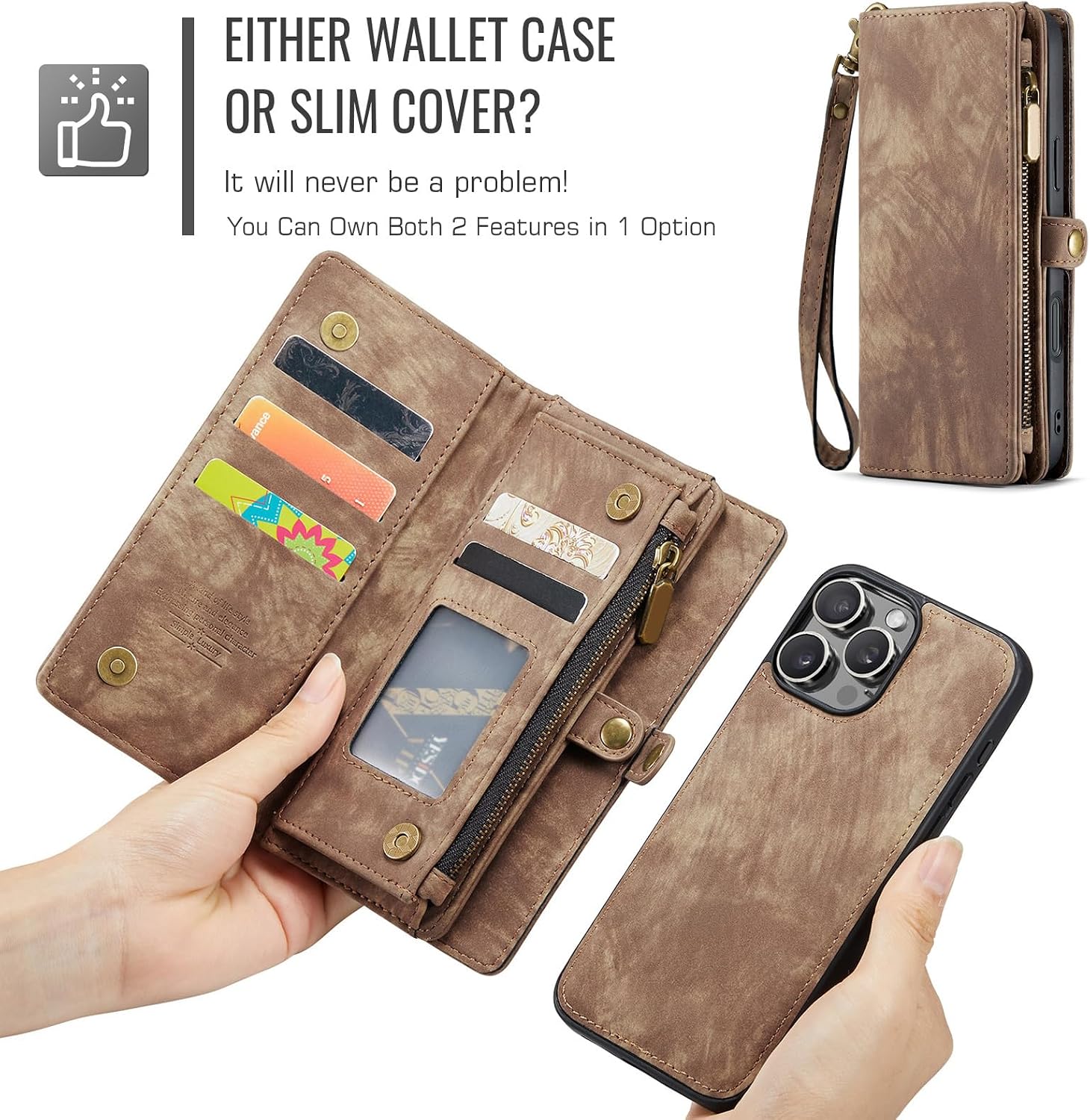Asuwish Phone Case for iPhone 16 Pro Max 6.9 inch Zipper Wallet Cover with Tempered Glass Screen Protector and PU Leather Flip Cash Card Holder Cell i Phone16 16Pro i16 ProMax 16ProMax Women Men Brown