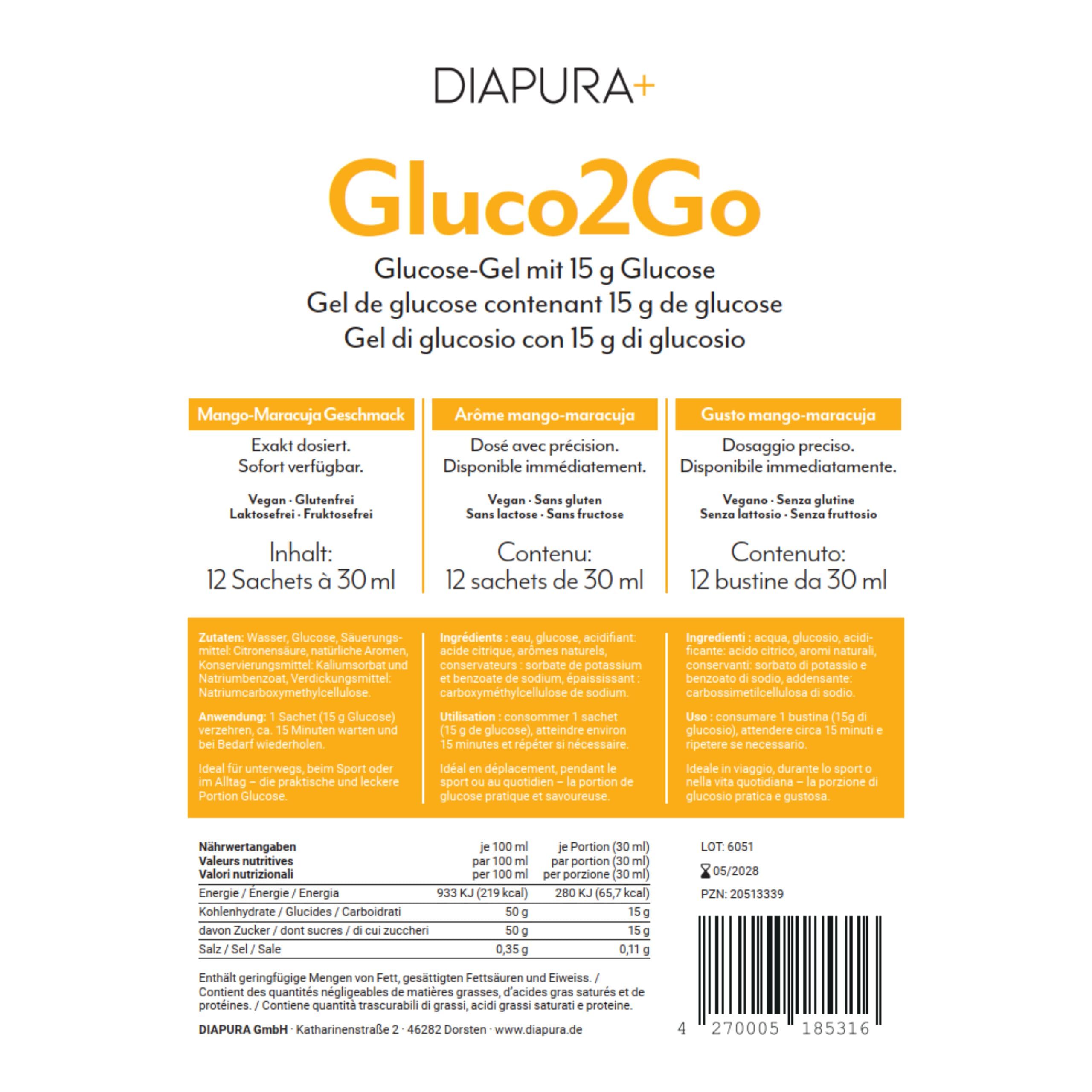 Gluco2Go Gel di glucosio, 15 g di glucosio per porzione, 12 x 30 ml | Glucosio liquido, pronto all'uso, bustine monodose, regola 15-15 per l'ipoglicemia, gusto Mango-Maracuja, Made in Germany