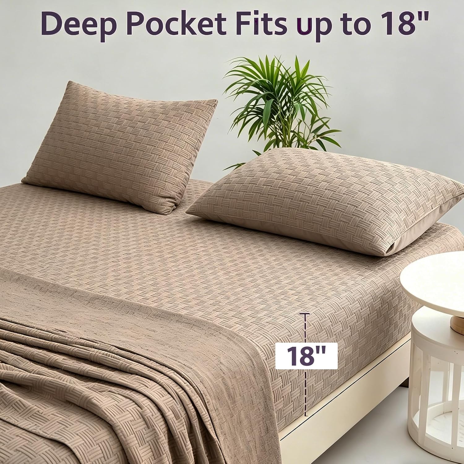 Woven Grid Soft King Size Sheet Set - Comfortable & Breathable 4 Piece Bed Sheets with 1 Fitted Sheet,1 Flat Sheet & 2 Pillowcases - Deep Pocket Up to 18 Inches (Camel)