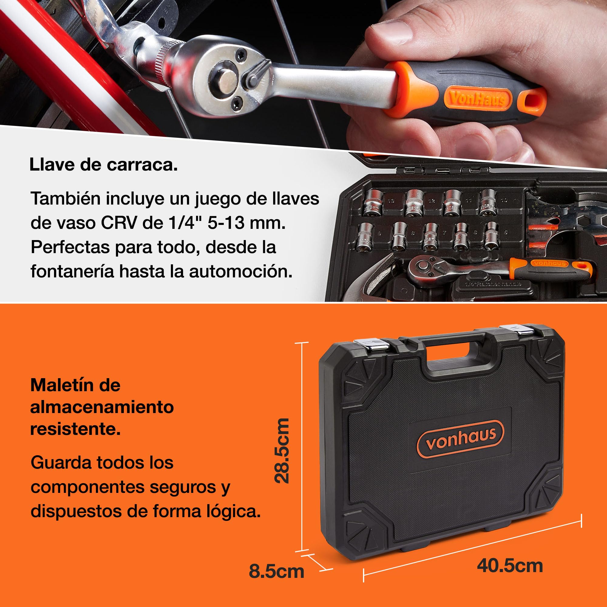 VonHaus Herramientas de Bricolaje – Caja de Herramientas Completa, 120 Piezas con Maletín– Incluye con Juego de Destornilladores, Martillo, Linterna LED, Metro 3 m y Más