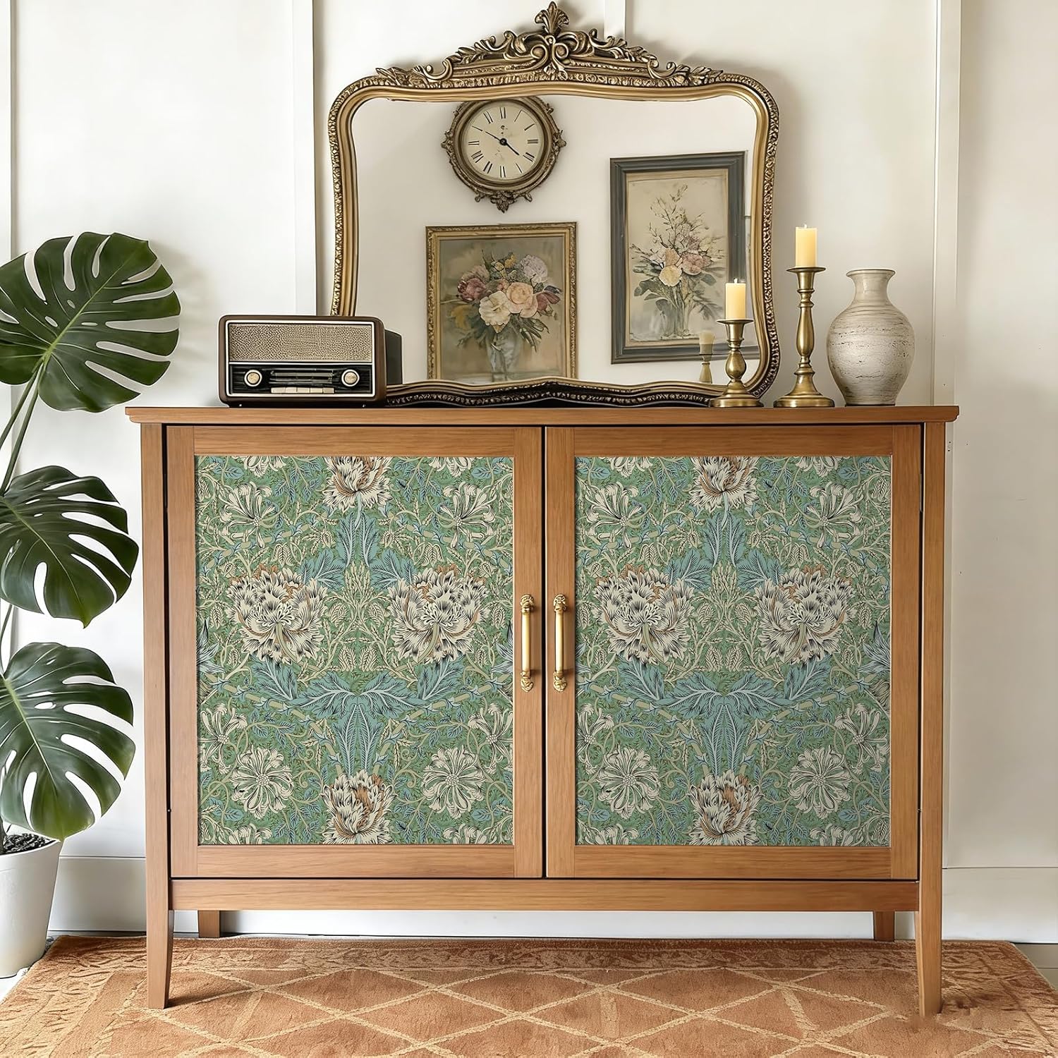 VEELIKE Vintage William Morris Honeysuckle Peel and Stick Wallpaper Boho Floral Wallpaper for Bedroom Bathroom 17.7''x354'' Removable Self Adhesive Victorian Contact Paper for Cabinets Shelves Walls