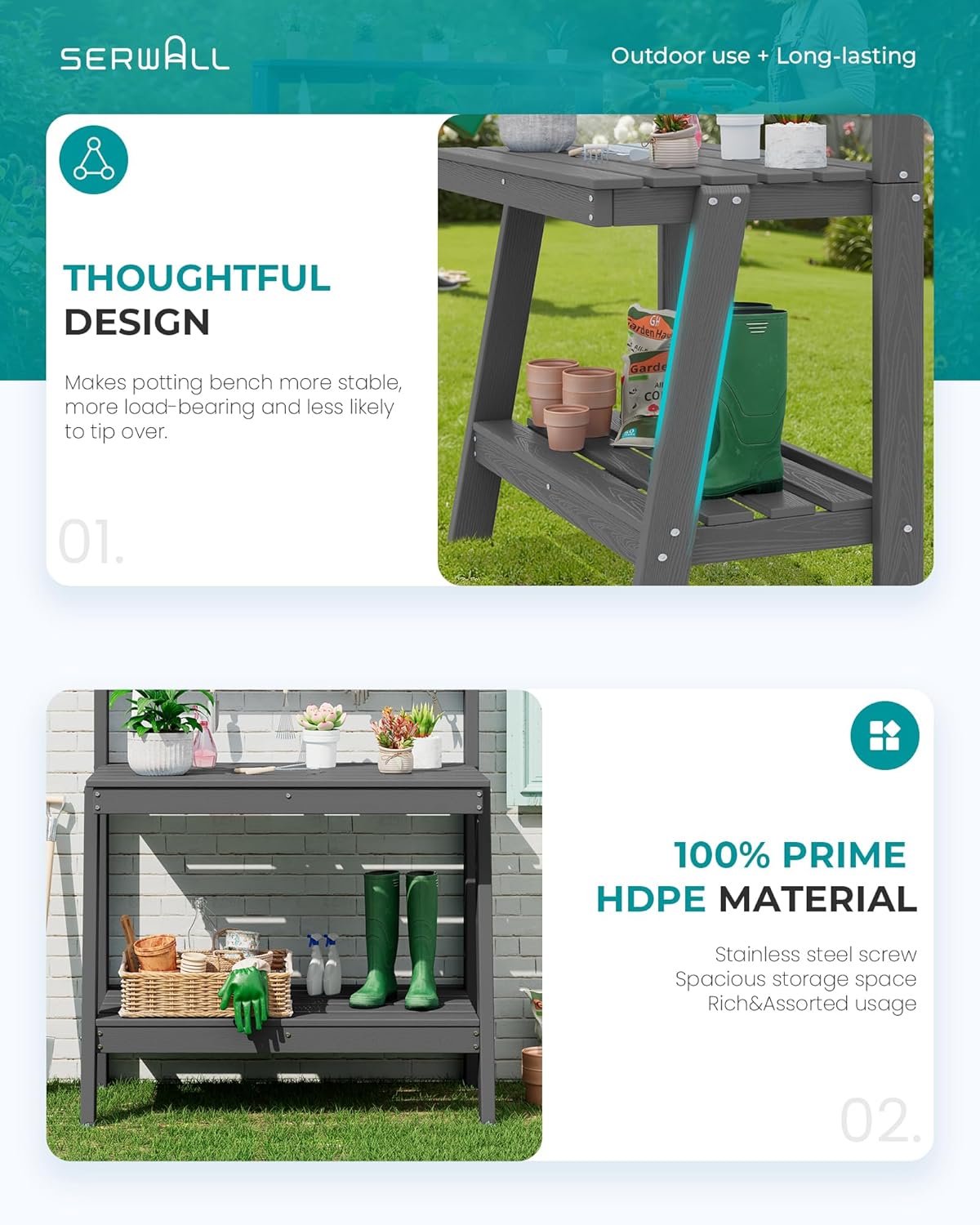 SERWALL Potting Bench Outdoor with Storage, 3-Tier HDPE Gardening Table with Angled Legs & Tool Hooks, All-Weather Heavy Duty Potting Table for Patio, Backyard, Garden, Grey