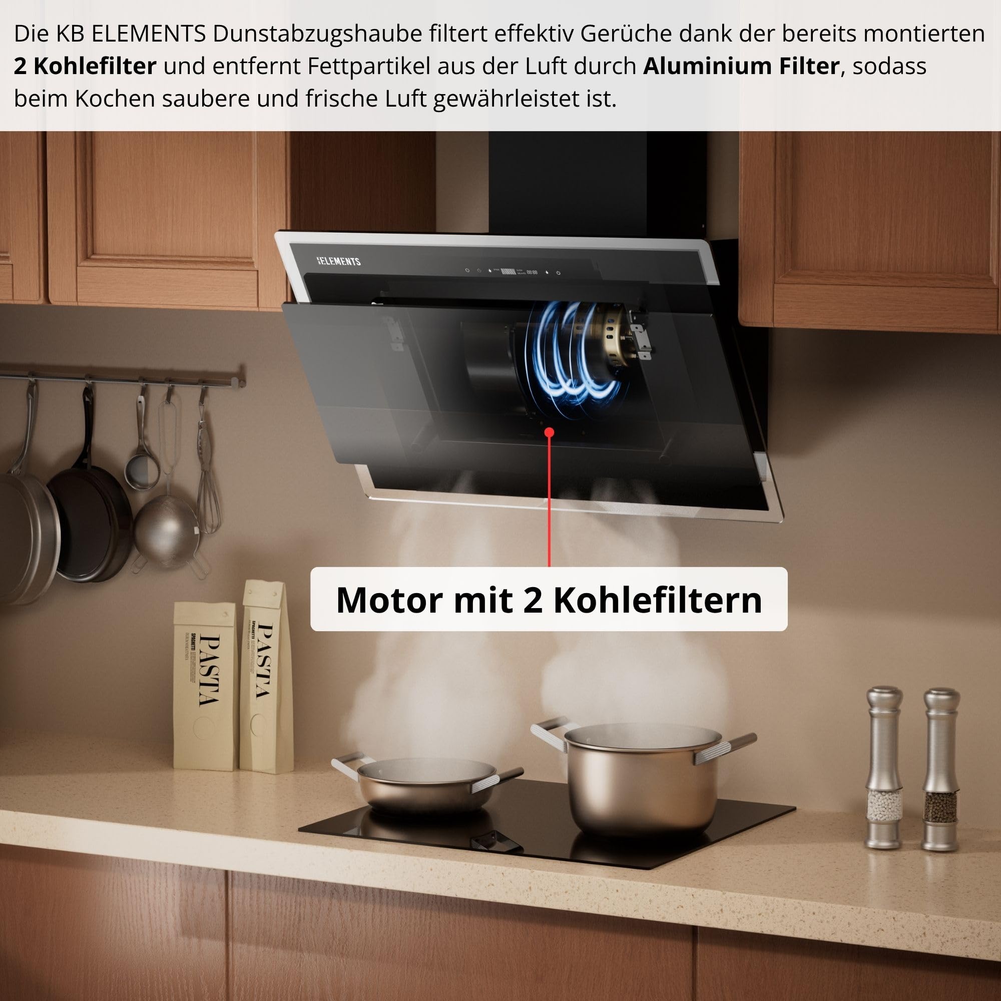 Dunstabzugshaube 60cm, Umluft/Abluft Dunstabzugshaube mit 1000m³/h starke Saugleistung, Brushless-Motor, mit Fernbedienung, Touch-Gestensteuerung, Abluft, Umluft