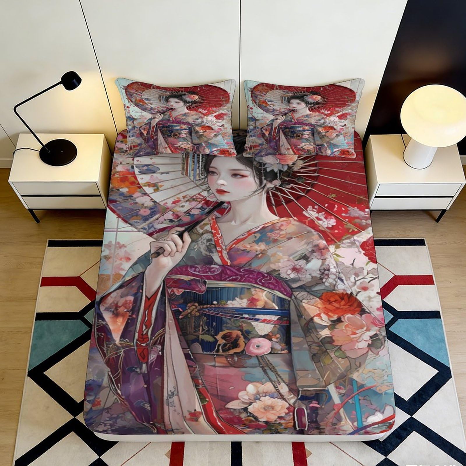 Pnayamiorkfel Style-5 3D Printed Geisha Art Fitted Sheet Microfiber Japanese Umbrella Mattress Cover Anti-Slip Washable For Bedroom Guest Room Decor 90X200x25cm