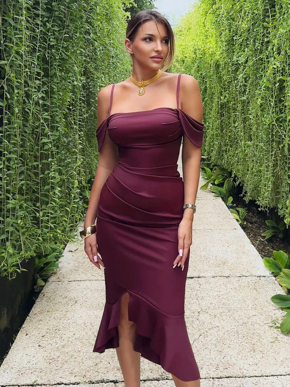 Women's Off The Shoulder Spaghetti Straps Formal Midi Dress with Built-in Bra and Ruffle High-Low Mermaid Hem - Image 3