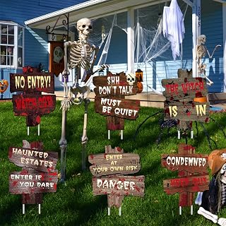 MAIAGO Halloween Decorations Outdoor 6 Pack Halloween Decor Yard Signs Beware Warning Bloody Signs with Stakes for Halloween Lawn, Haunted House, Garden, Driveway Decor, Scary Zombie Theme Party Decor Supplies