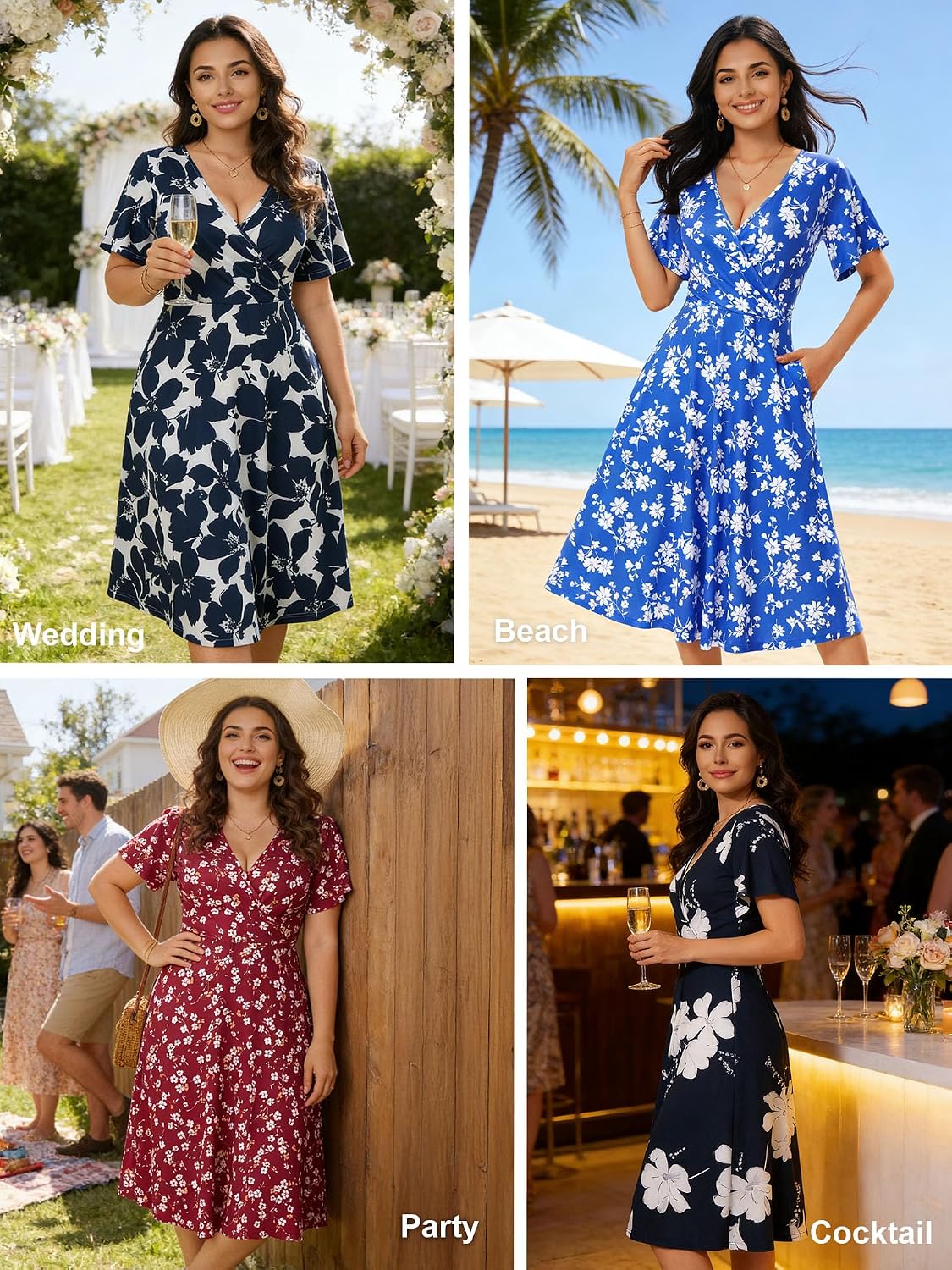 Loemes Women's Spring Floral Short Sleeve Wrap V Neck Casual Sundresses with Pockets Flowy Summer Dresses for Women