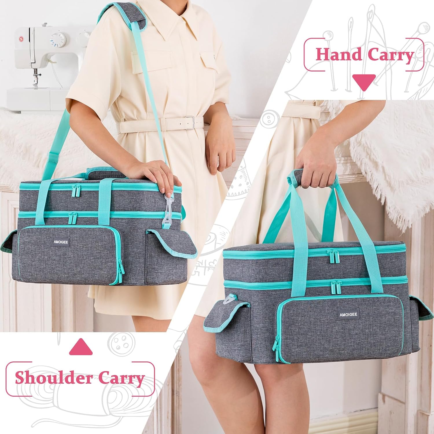 AMOIGEE Large 15" Double-Layer Sewing Organizer Bag w/Detachable Dividers