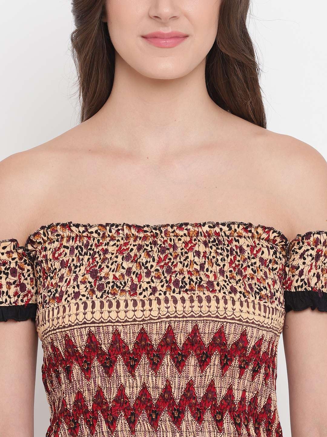Zenvy Crafts Women's Rayon Printed Off-Shoulder Smocked Crop Top Short Sleeve Casual Styles Tank Top (Free Size) Multi8