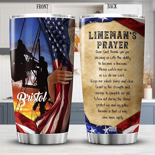 Miniatura 2 de ZOXIX Vaso personalizado con tapa de 20 onzas, regalo de oración de liniero, taza de café de acero inoxidable, cosas geniales para técnicos de línea